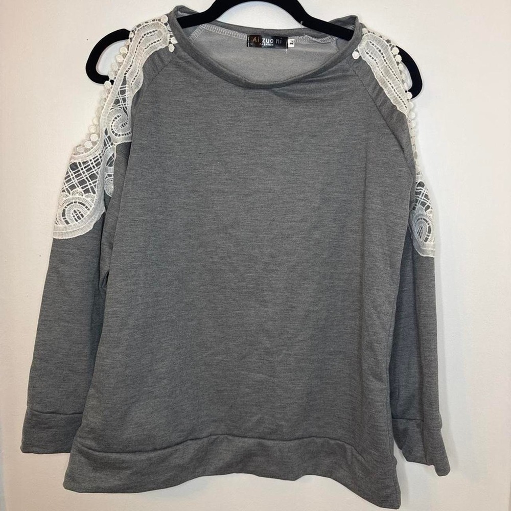 Ai zuo ni Sweatshirt Womens L Gray Good Lace Cold Shoulder Raglan Sleeve